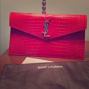 Yves Saint Laurent Red Croc-Embossed Envelope Clutch with Chain